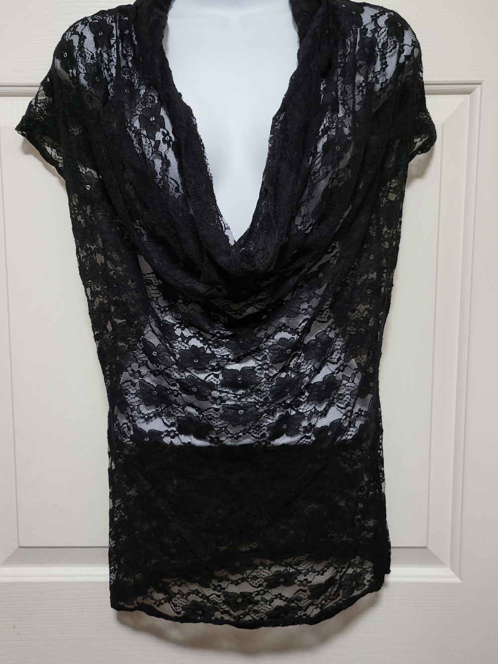 Sheer Lace Cowl Neck Top - Black